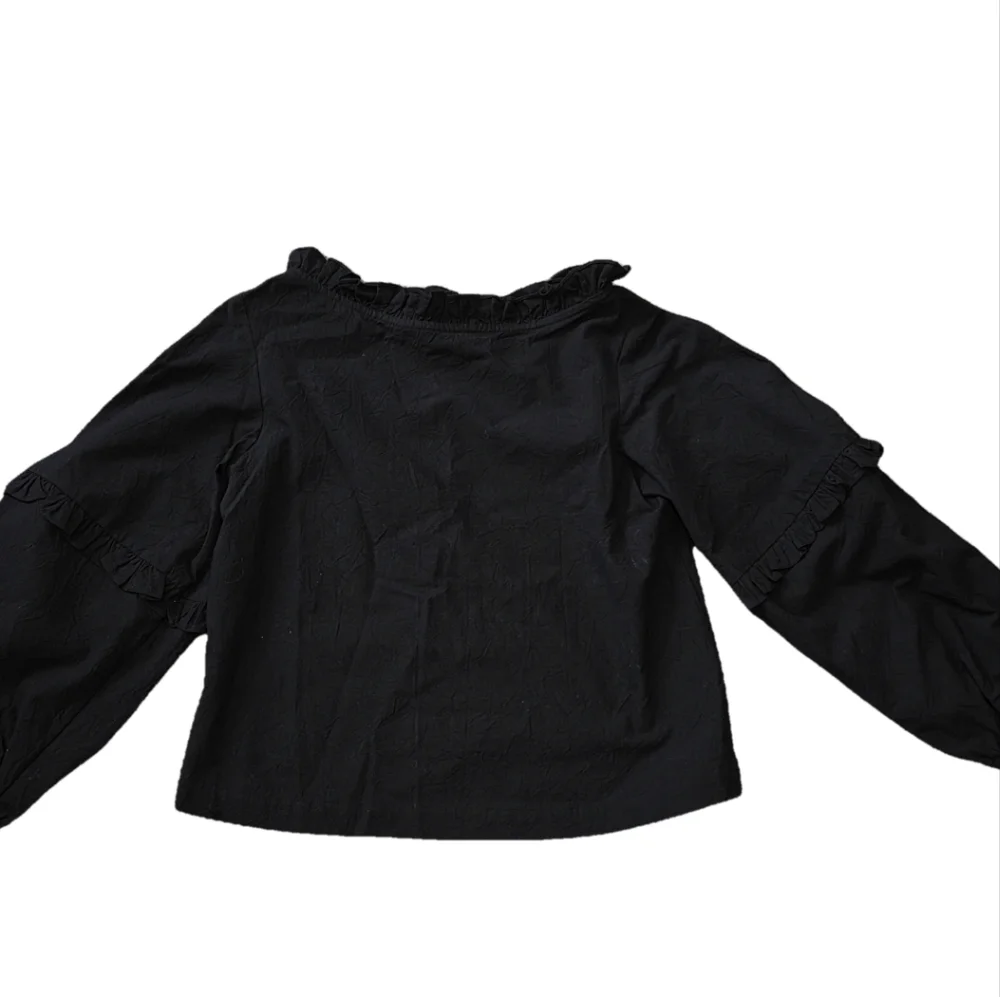 Handmade 1980s Black Ruffle Blouse – 100% Cotton (XS)